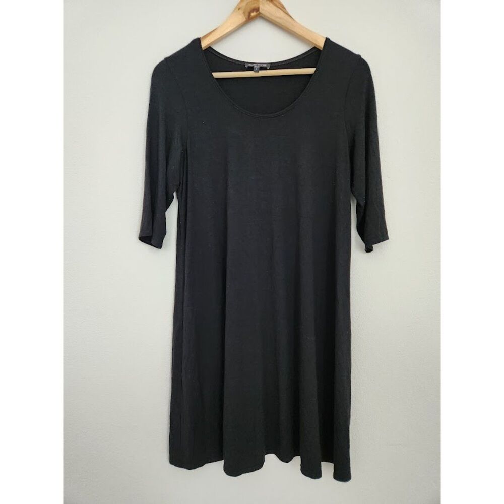 Eileen Fisher Black Rayon Stretch Scoop Neck Elbow Sleeve Dress | Size L